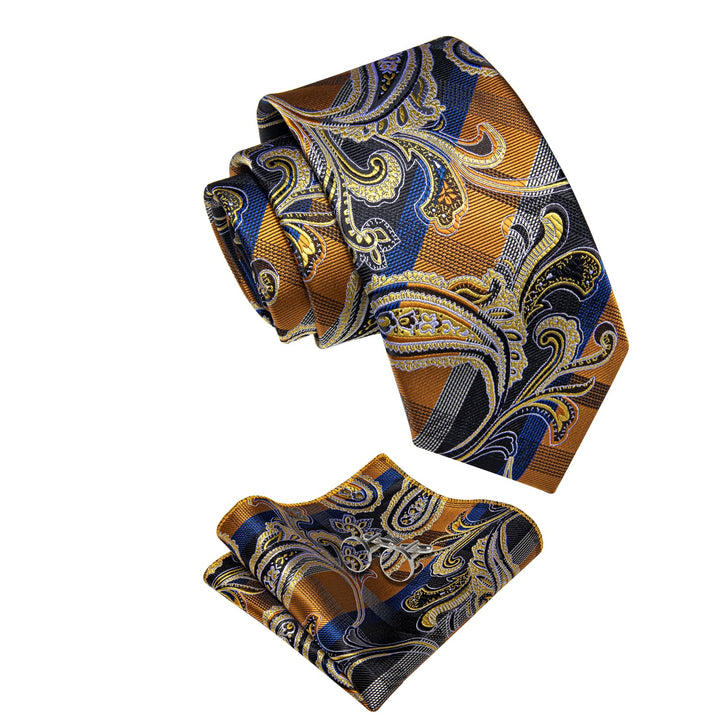  Black Blue Gold NecktIe Men's Paisley Tie Hanky Cufflinks Set