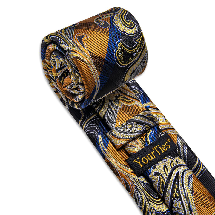  Black Blue Gold NecktIe Men's Paisley Tie Hanky Cufflinks Set