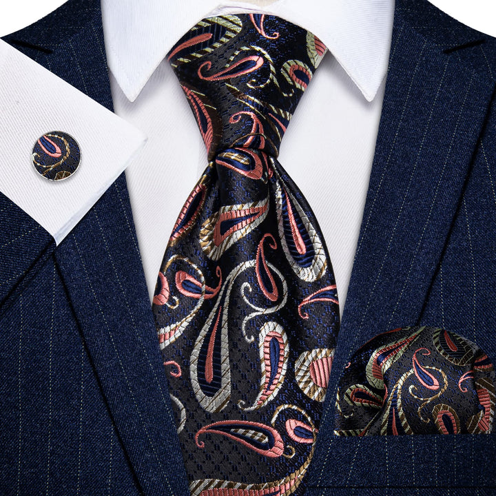 Black Tie Pink Jacquard Paisley Necktie Hanky Cufflinks Set