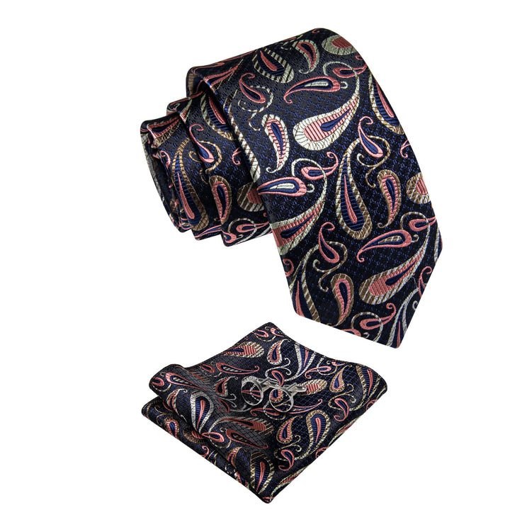 Black Tie Pink Jacquard Paisley Necktie Hanky Cufflinks Set