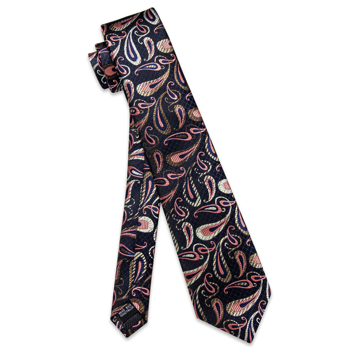 Black Tie Pink Jacquard Paisley Necktie Hanky Cufflinks Set