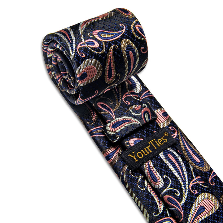 Black Tie Pink Jacquard Paisley Necktie Hanky Cufflinks Set