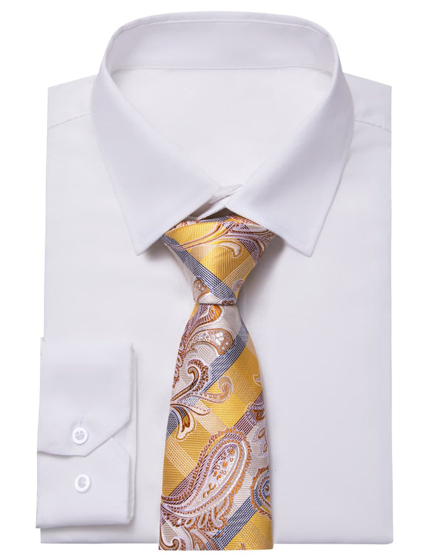 YourTies White Solid Long Sleeve Shirt with Gold White Paisley Silk Tie for Men