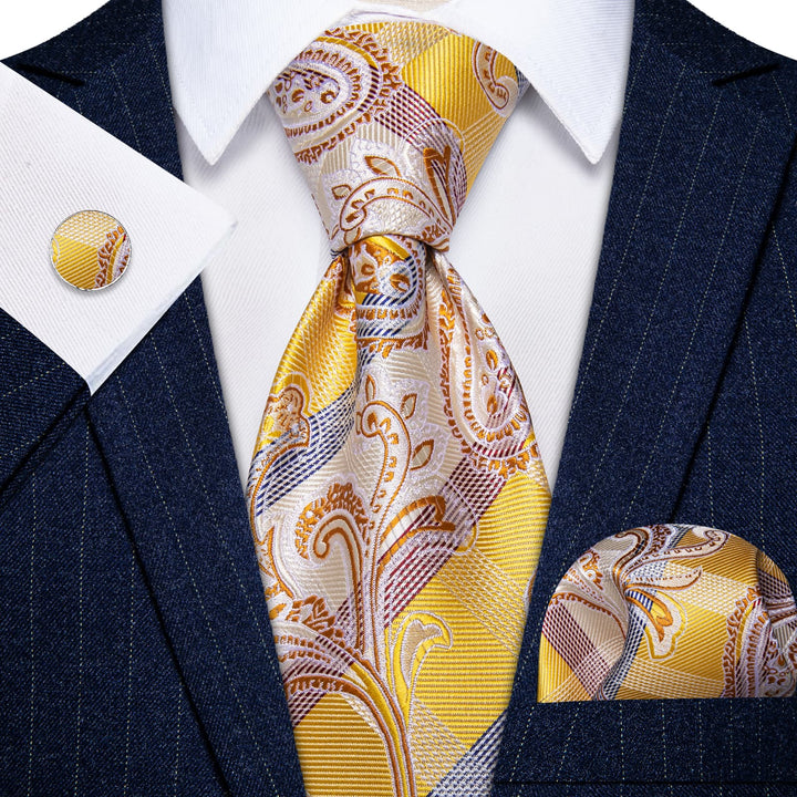  Yellow Tie Champagne Color Jacquard Tie Hanky Cufflinks Set