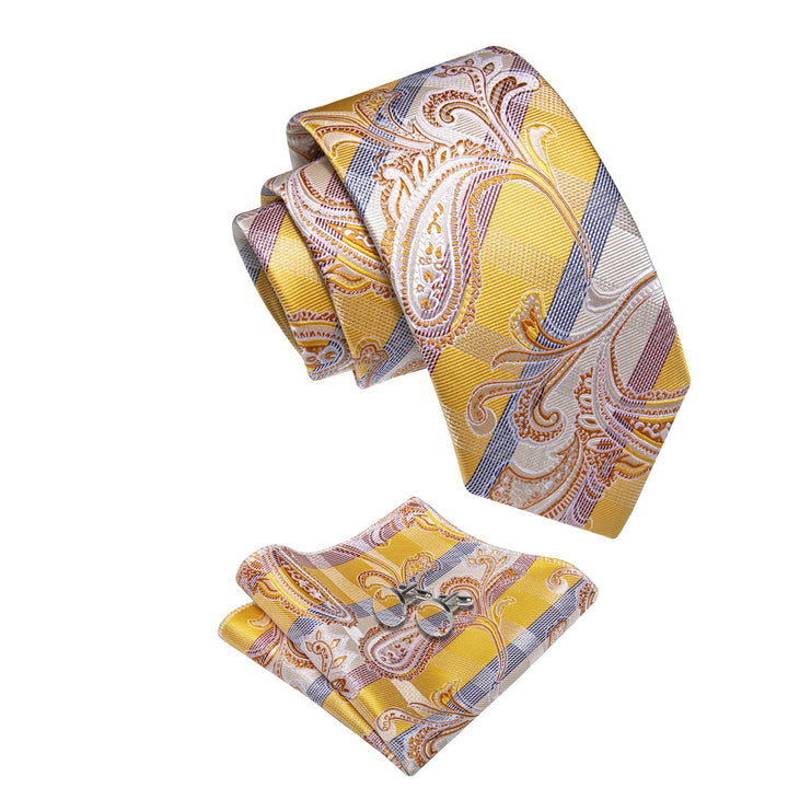  Yellow Tie Champagne Color Jacquard Tie Hanky Cufflinks Set