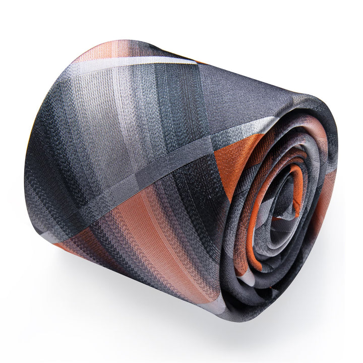  Orange Tie Black Grey Plaid Mens Necktie Clip Set with Brooch