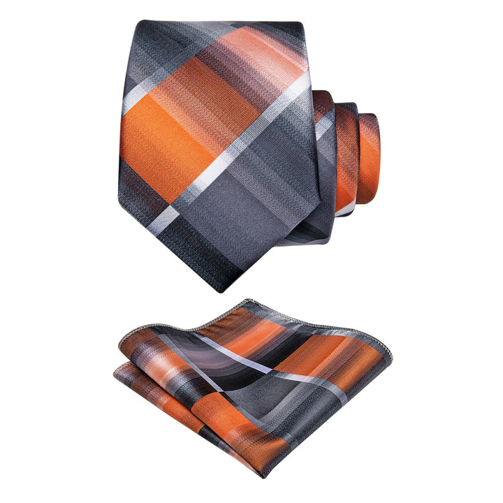  Orange Tie Black Grey Plaid Mens Necktie Clip Set with Brooch