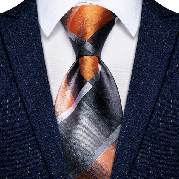  Silver Grey Orange Checkered Men's Tie Hanky Cufflinks Set