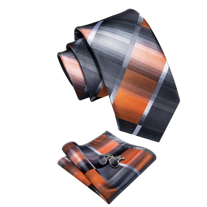  Silver Grey Orange Checkered Men's Tie Hanky Cufflinks Set