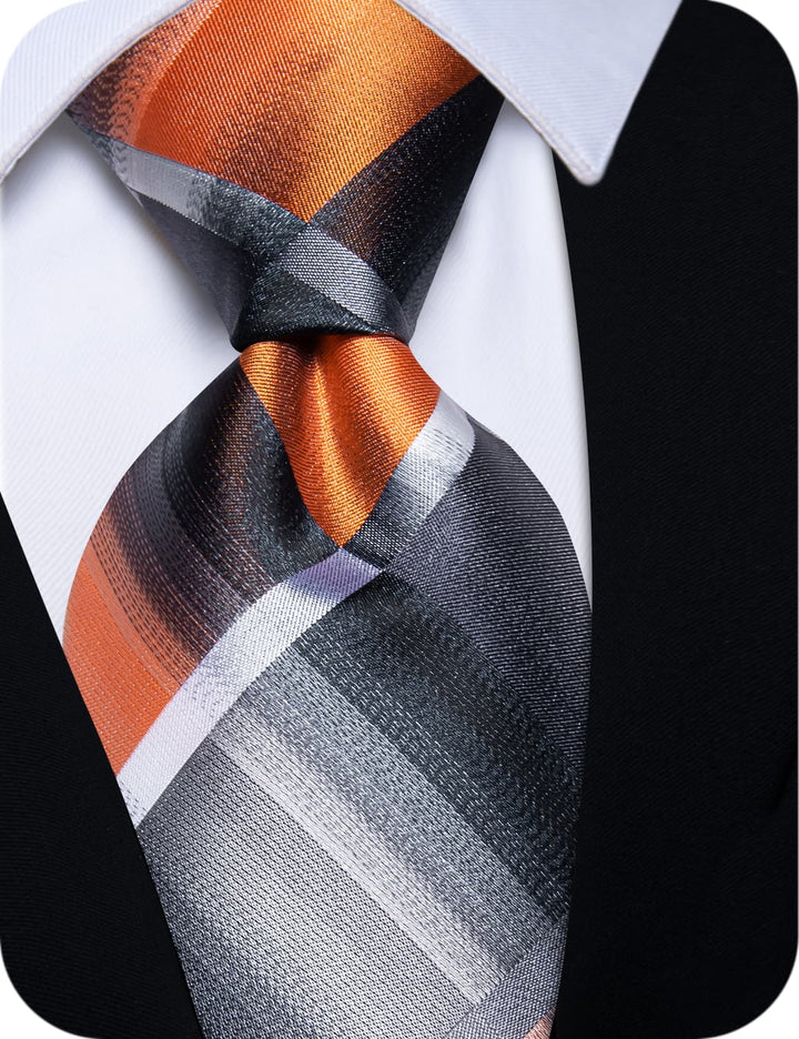  Orange Tie Black Grey Plaid Mens Necktie Clip Set with Brooch