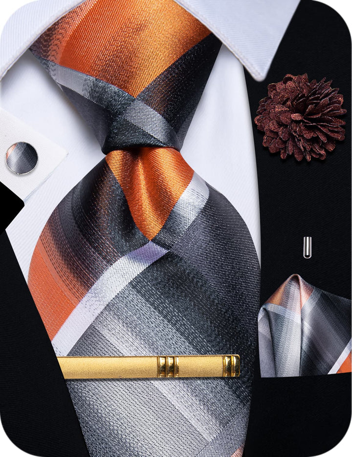  Orange Tie Black Grey Plaid Mens Necktie Clip Set with Brooch