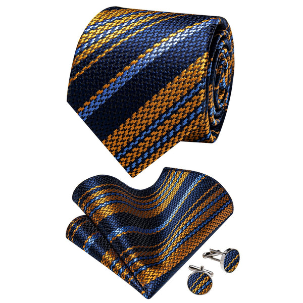 Necktie Black Blue Gold Striped Tie Set with Clip and Brooch
