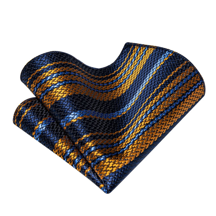 Necktie Black Blue Gold Striped Tie Set with Clip and Brooch