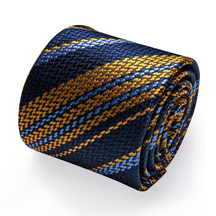 Necktie Black Blue Gold Striped Tie Set with Clip and Brooch