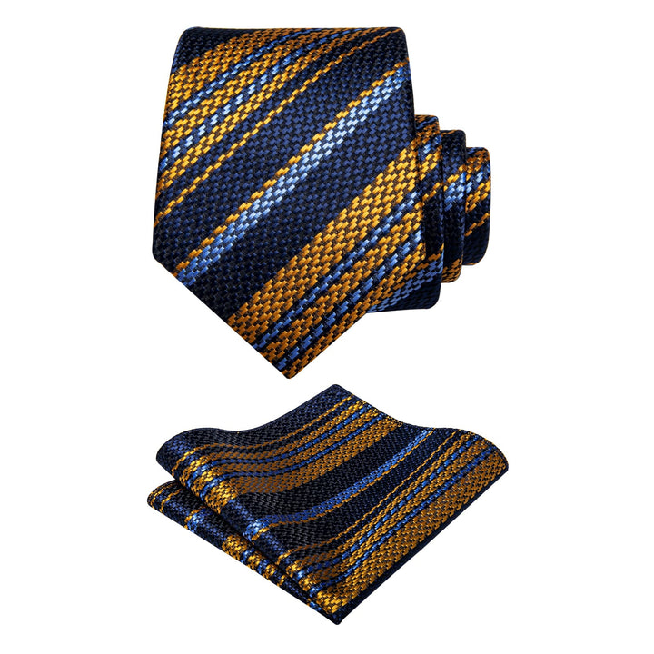 Necktie Black Blue Gold Striped Tie Set with Clip and Brooch