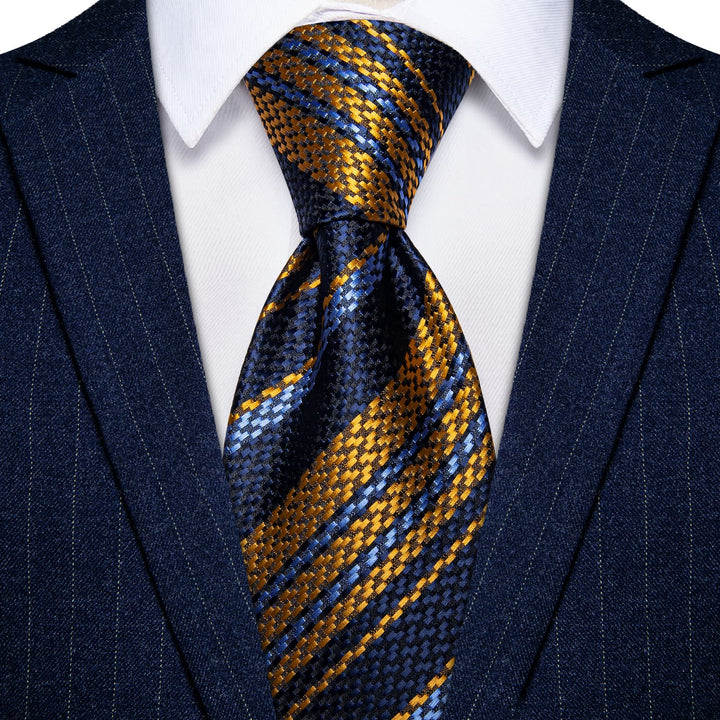  Blue Gold Tie Sky Blue Stripes Necktie Hanky Cufflinks Set