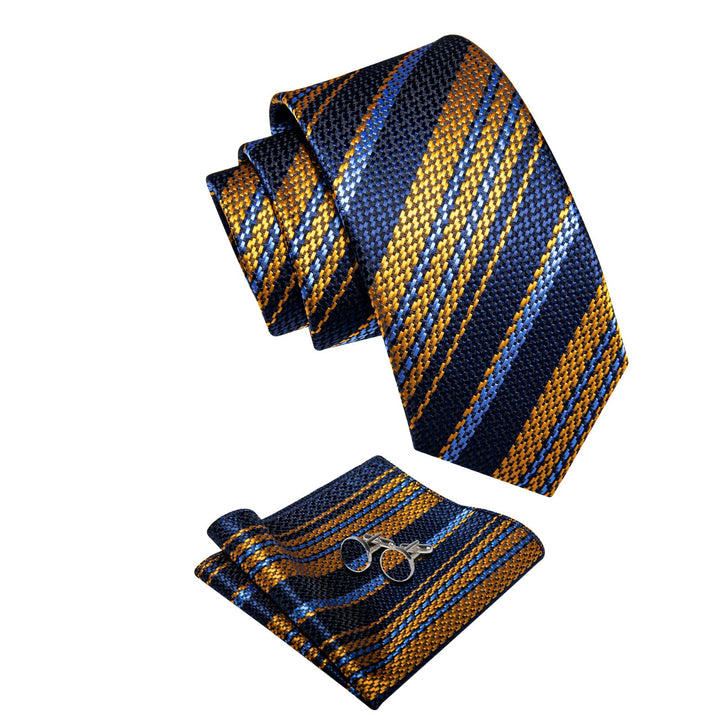  Blue Gold Tie Sky Blue Stripes Necktie Hanky Cufflinks Set