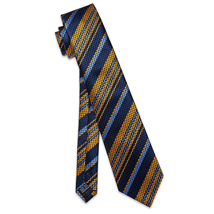  Blue Gold Tie Sky Blue Stripes Necktie Hanky Cufflinks Set