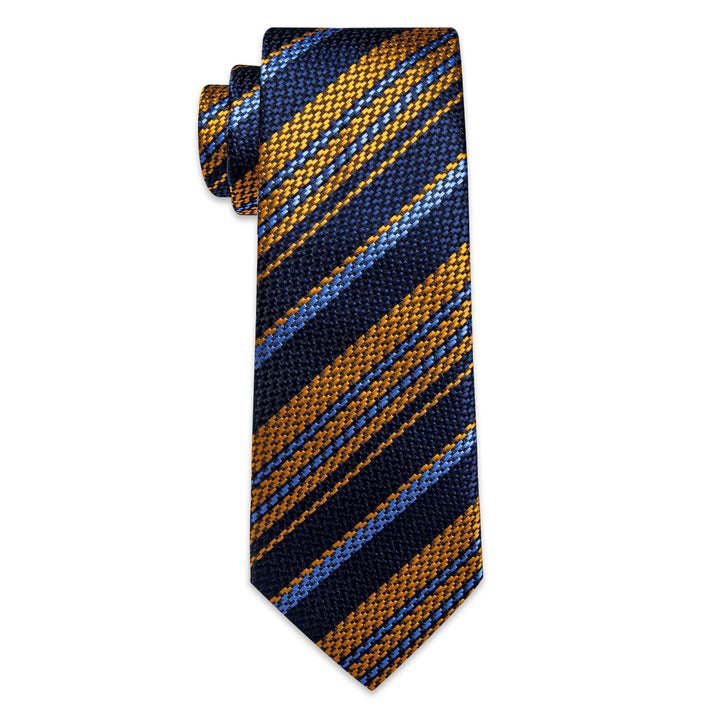  Blue Gold Tie Sky Blue Stripes Necktie Hanky Cufflinks Set