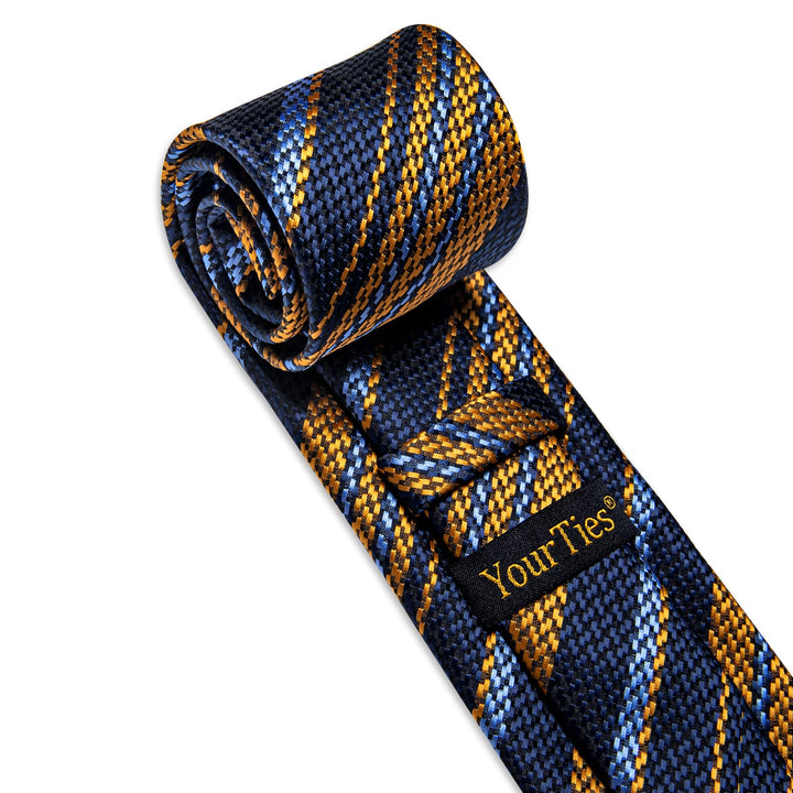  Blue Gold Tie Sky Blue Stripes Necktie Hanky Cufflinks Set