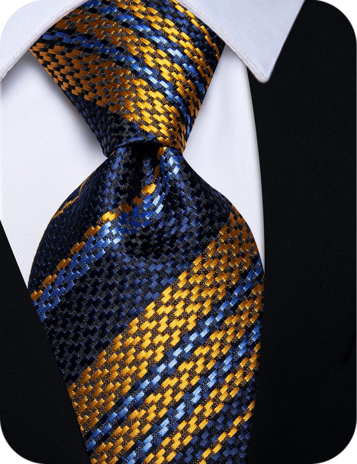 Necktie Black Blue Gold Striped Tie Set with Clip and Brooch