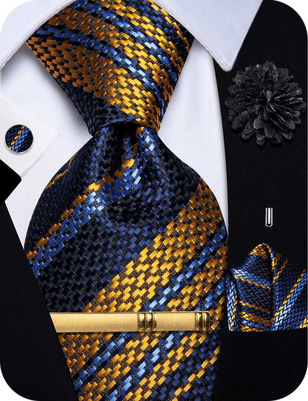 Necktie Black Blue Gold Striped Tie Set with Clip and Brooch