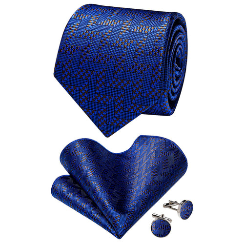 Deep Blue Necktie Brown Pattern Tie Set with Clip and Brooch