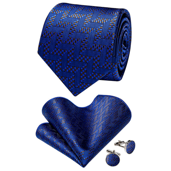 Deep Blue Necktie Brown Pattern Tie Set with Clip and Brooch