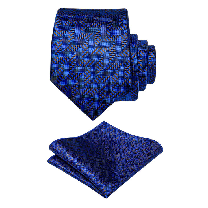 Deep Blue Necktie Brown Pattern Tie Set with Clip and Brooch