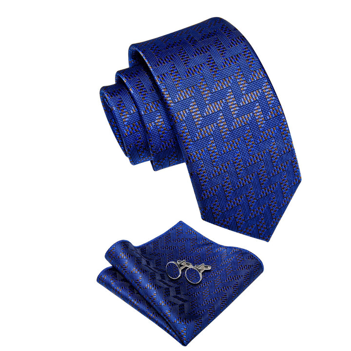 Navy Blue Tie Brown Jacquard Geometric Tie Hanky Cufflink Set