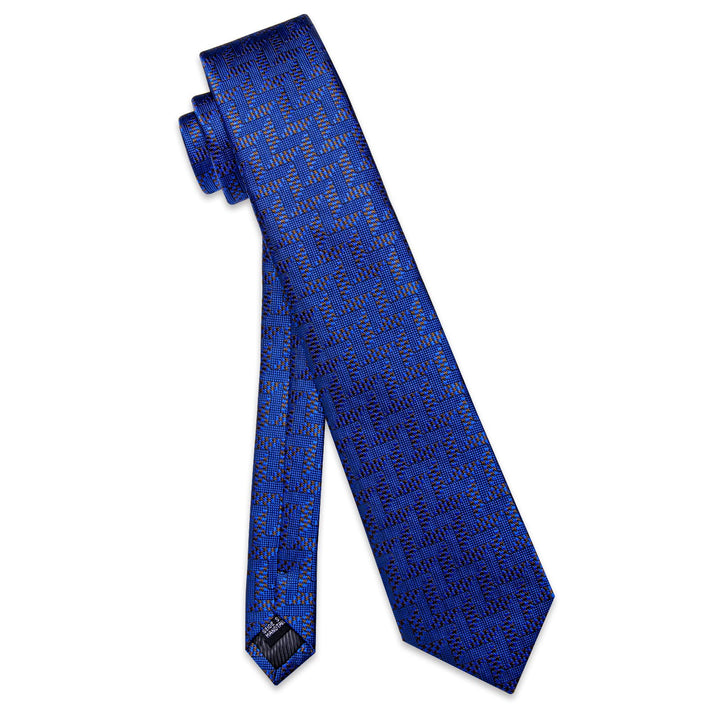 Navy Blue Tie Brown Jacquard Geometric Tie Hanky Cufflink Set