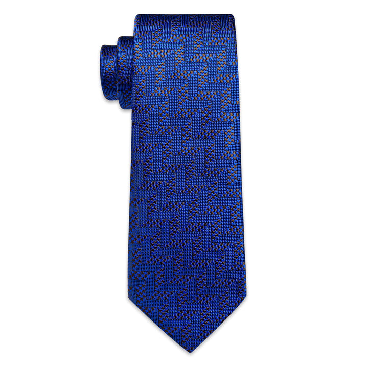 Navy Blue Tie Brown Jacquard Geometric Tie Hanky Cufflink Set