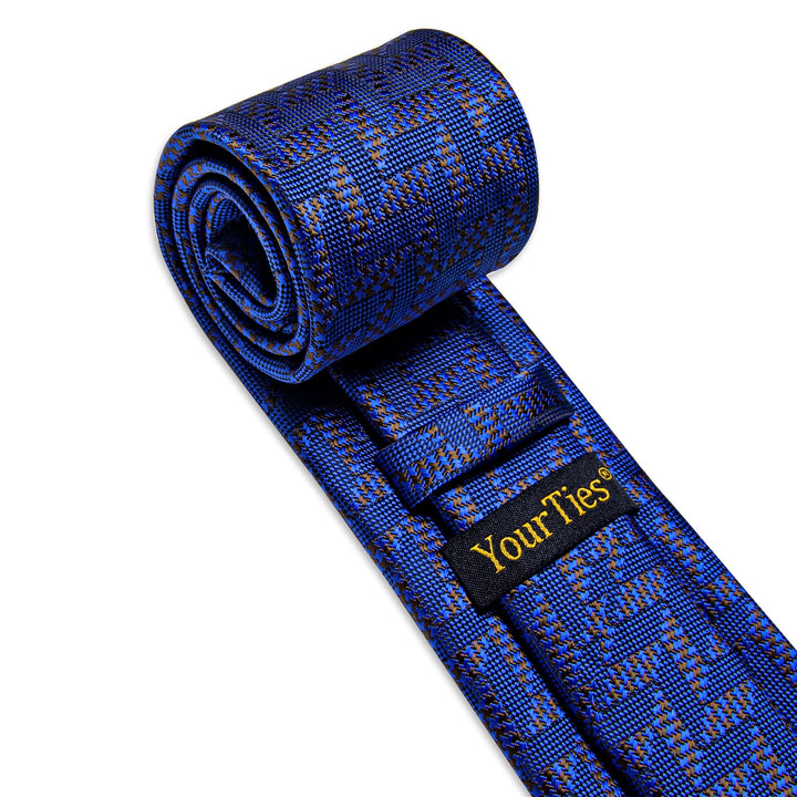 Navy Blue Tie Brown Jacquard Geometric Tie Hanky Cufflink Set