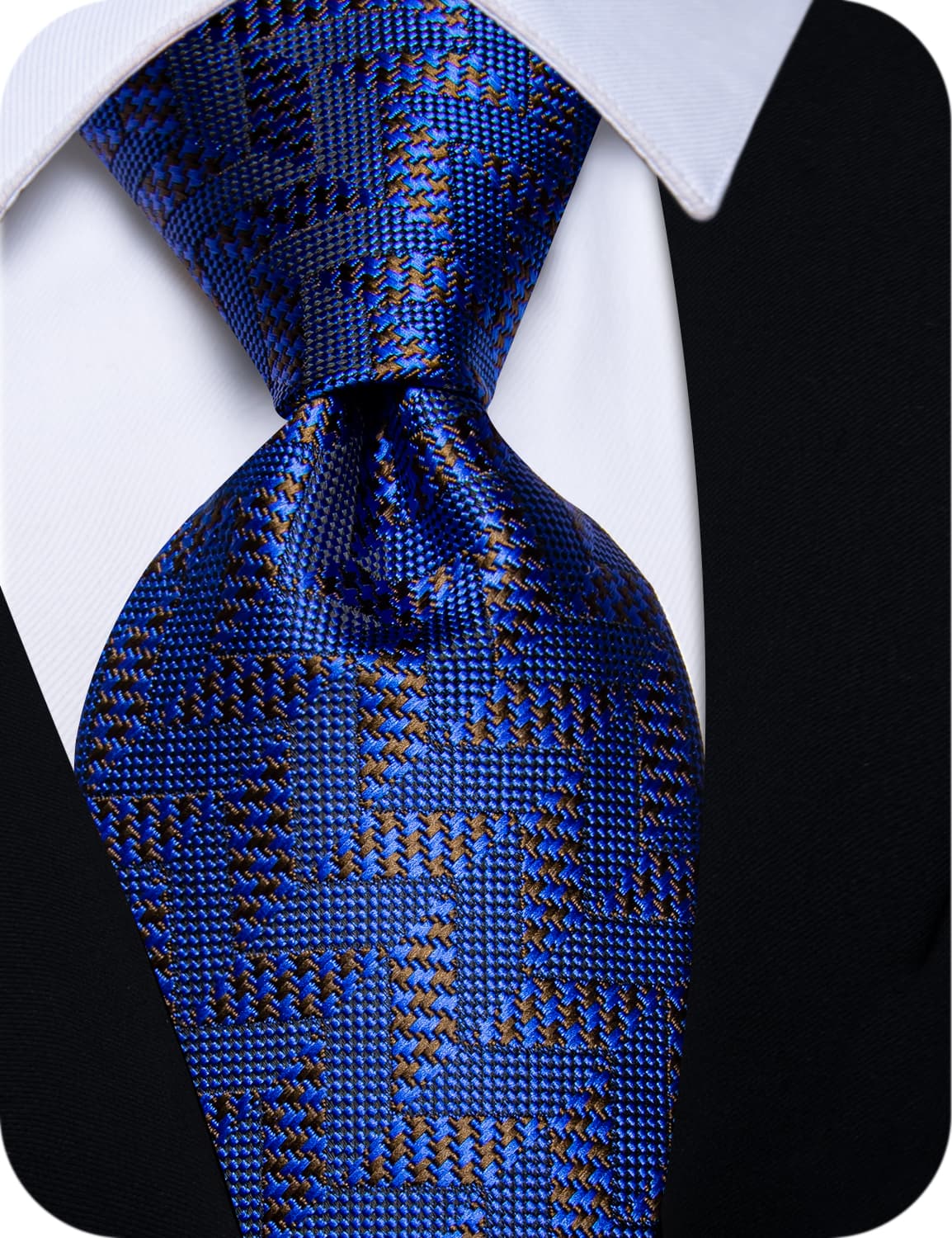 Deep Blue Necktie Brown Pattern Tie Set with Clip and Brooch