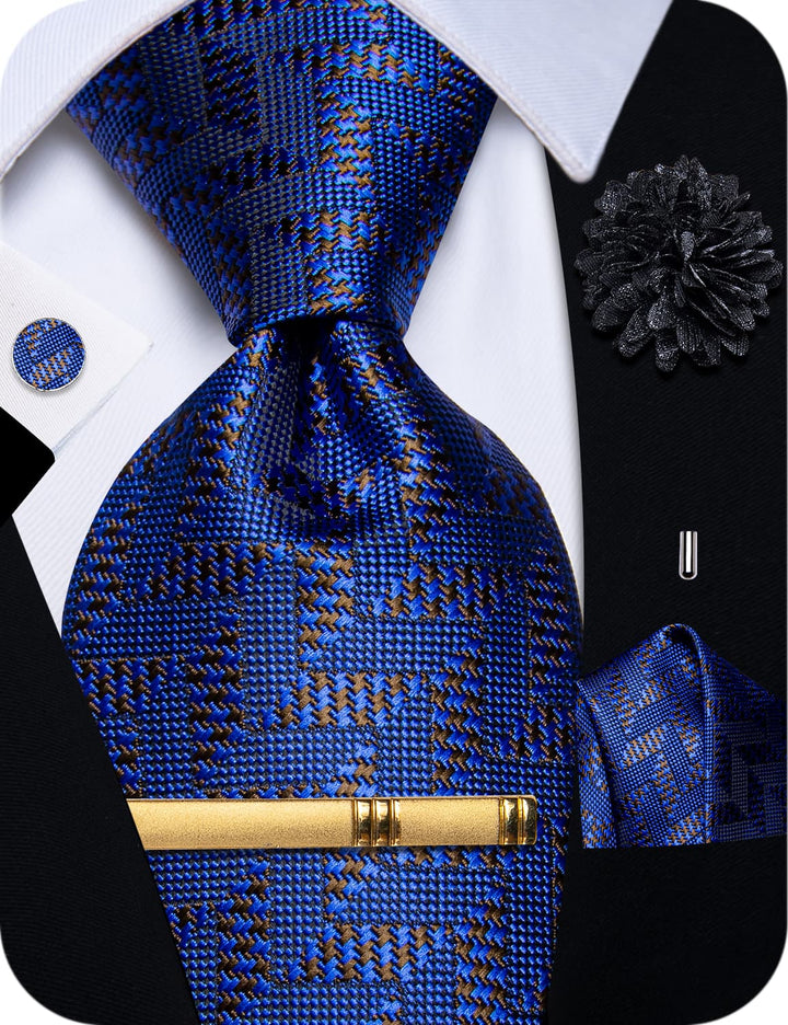 Deep Blue Necktie Brown Pattern Tie Set with Clip and Brooch