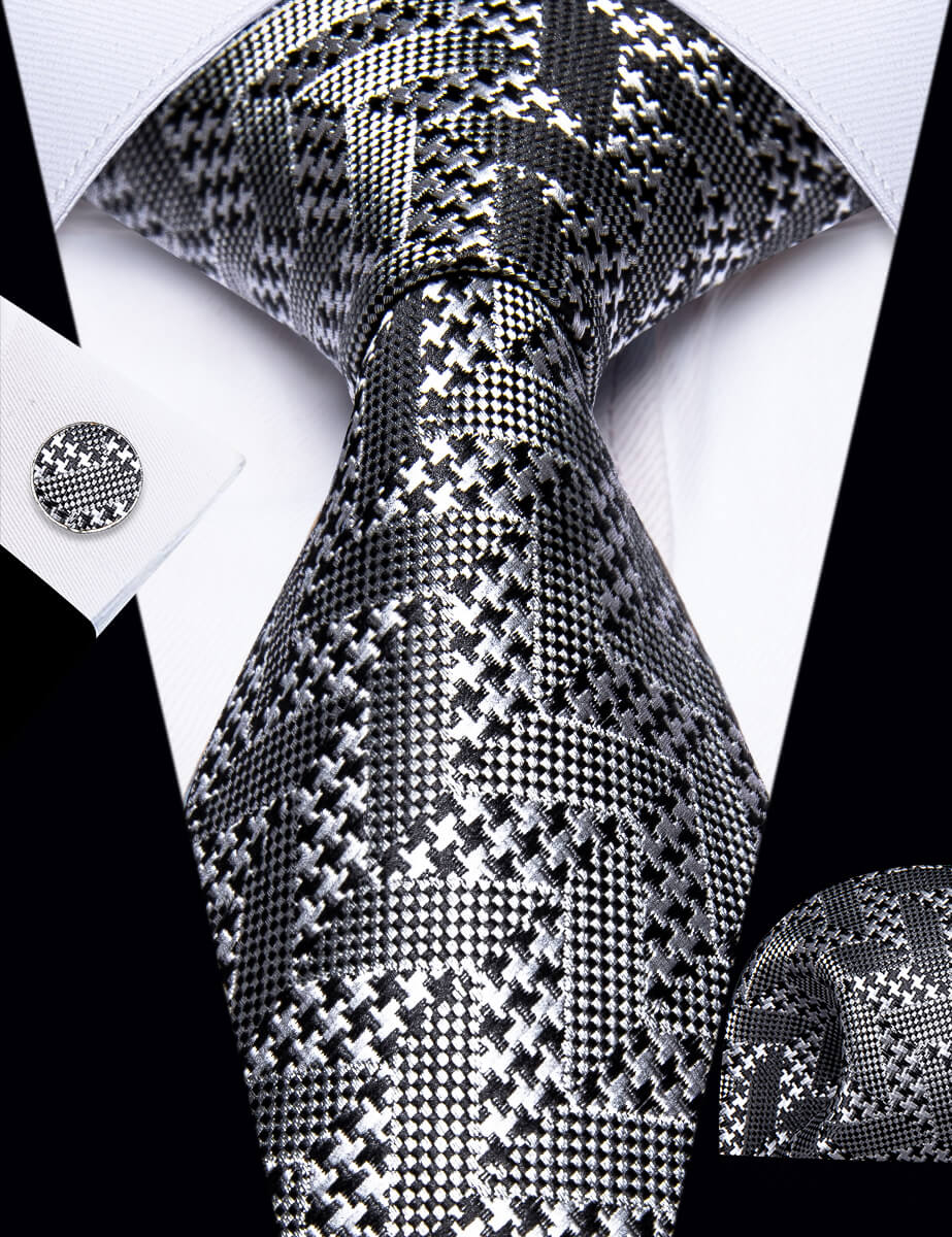 YourTies Silver Grey Tie Black Woven Geometric Tie Hanky Cufflinks Set