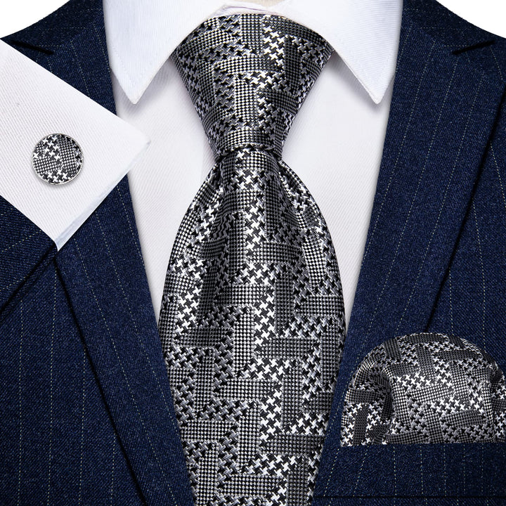 Silver Grey Tie Black Woven Geometric Tie Hanky Cufflinks Set