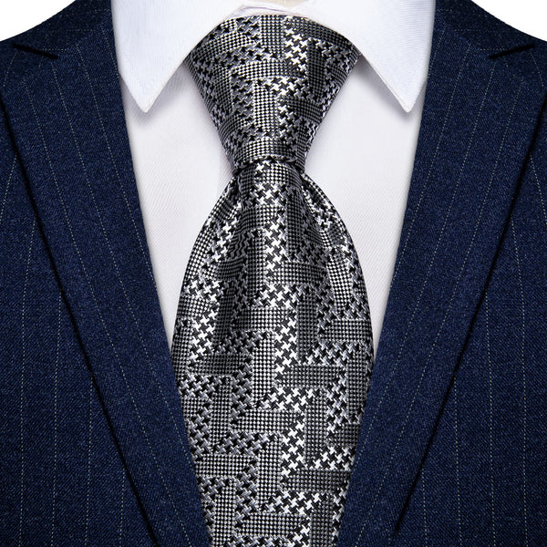 Silver Grey Tie Black Woven Geometric Tie Hanky Cufflinks Set