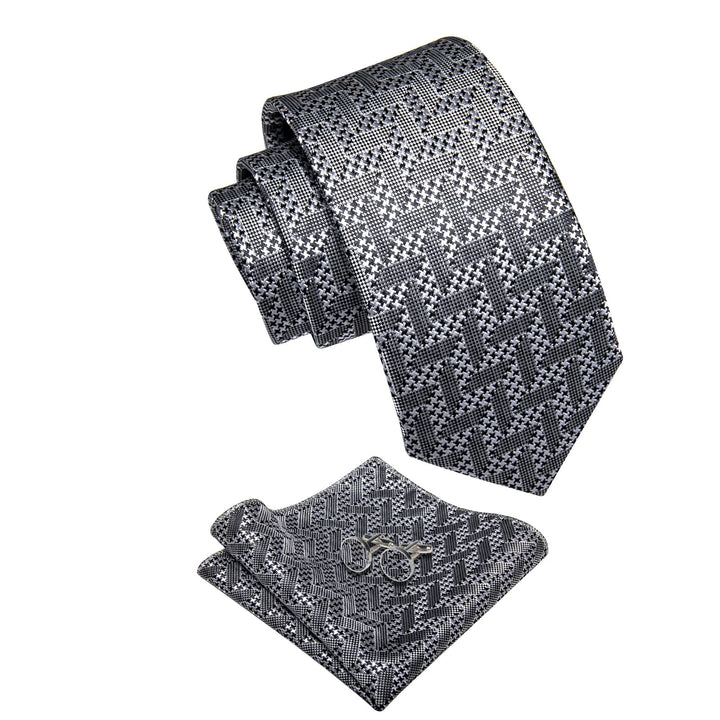 Silver Grey Tie Black Woven Geometric Tie Hanky Cufflinks Set