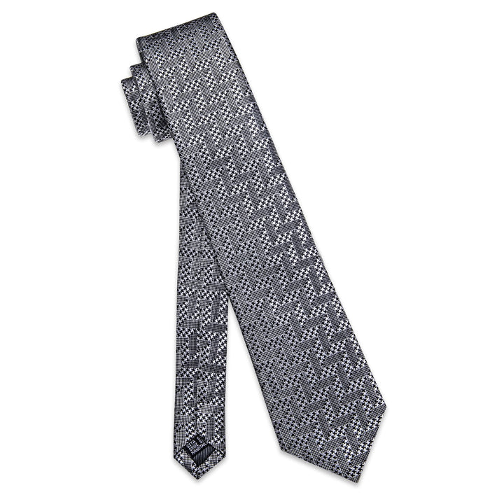 Silver Grey Tie Black Woven Geometric Tie Hanky Cufflinks Set