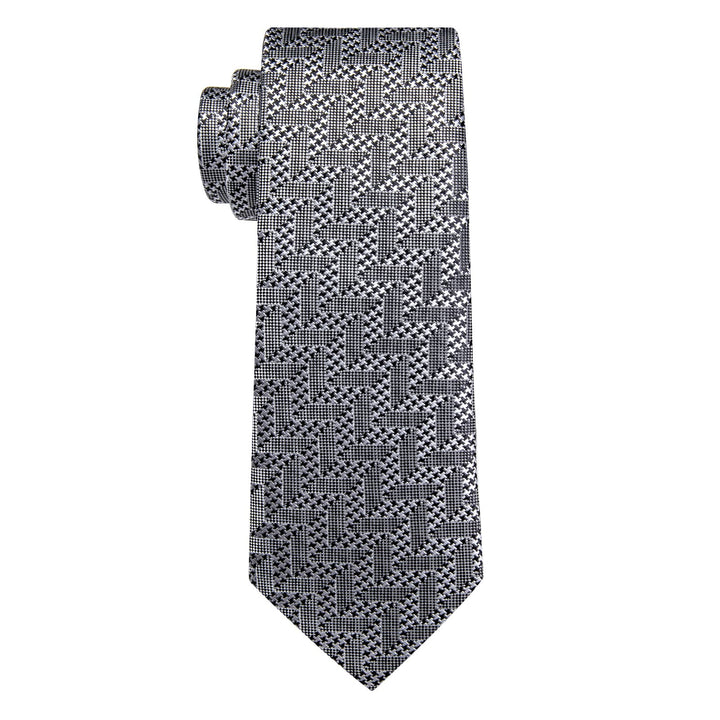 Silver Grey Tie Black Woven Geometric Tie Hanky Cufflinks Set