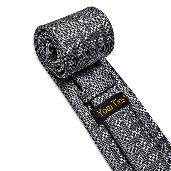 Silver Grey Tie Black Woven Geometric Tie Hanky Cufflinks Set