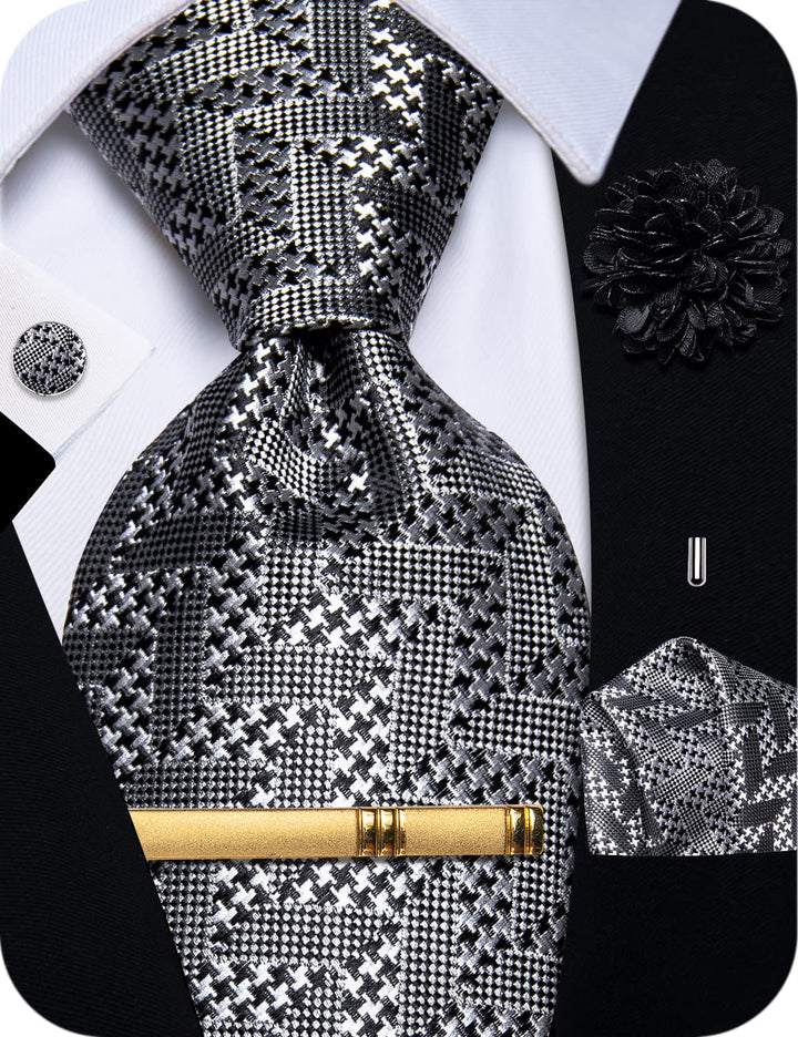  Wedding Necktie Silver Grey Mens Tie Set with Clip and Brooch