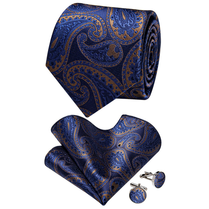 Dark Blue Ties Brown Paisley Tie Flower Brooch Set with Clip