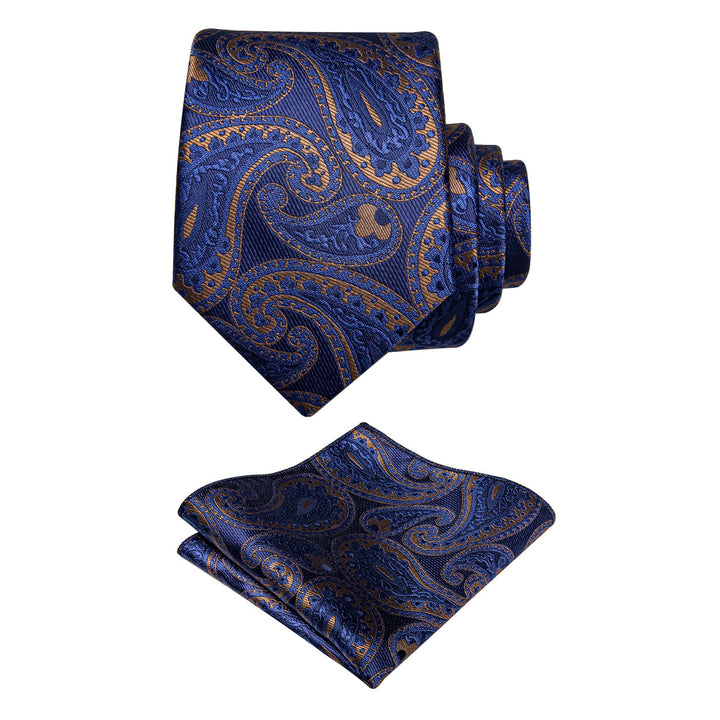 Dark Blue Ties Brown Paisley Tie Flower Brooch Set with Clip