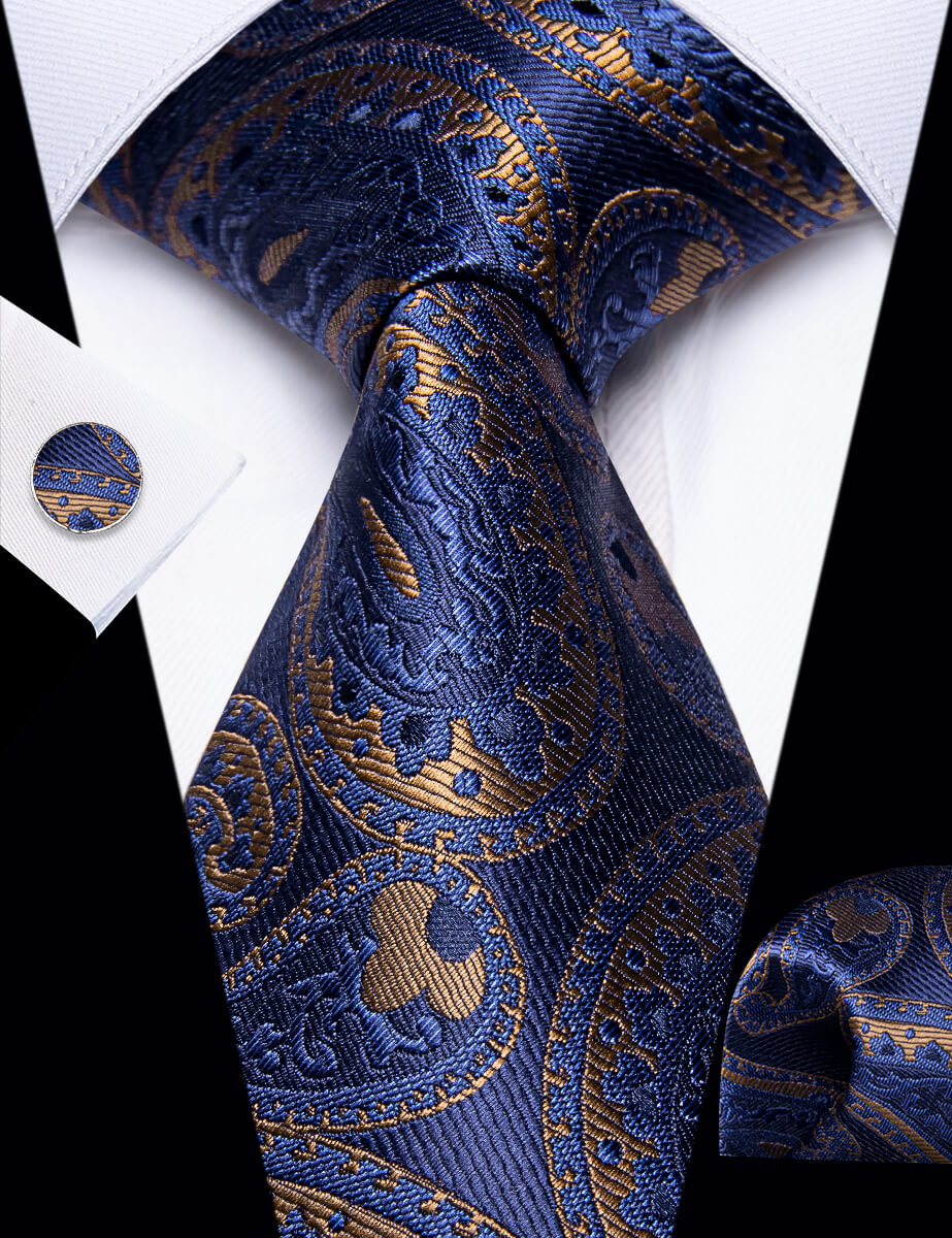 YourTies Dark Blue Tie Brown Jacquard Paisley Tie Hanky Cufflink Set