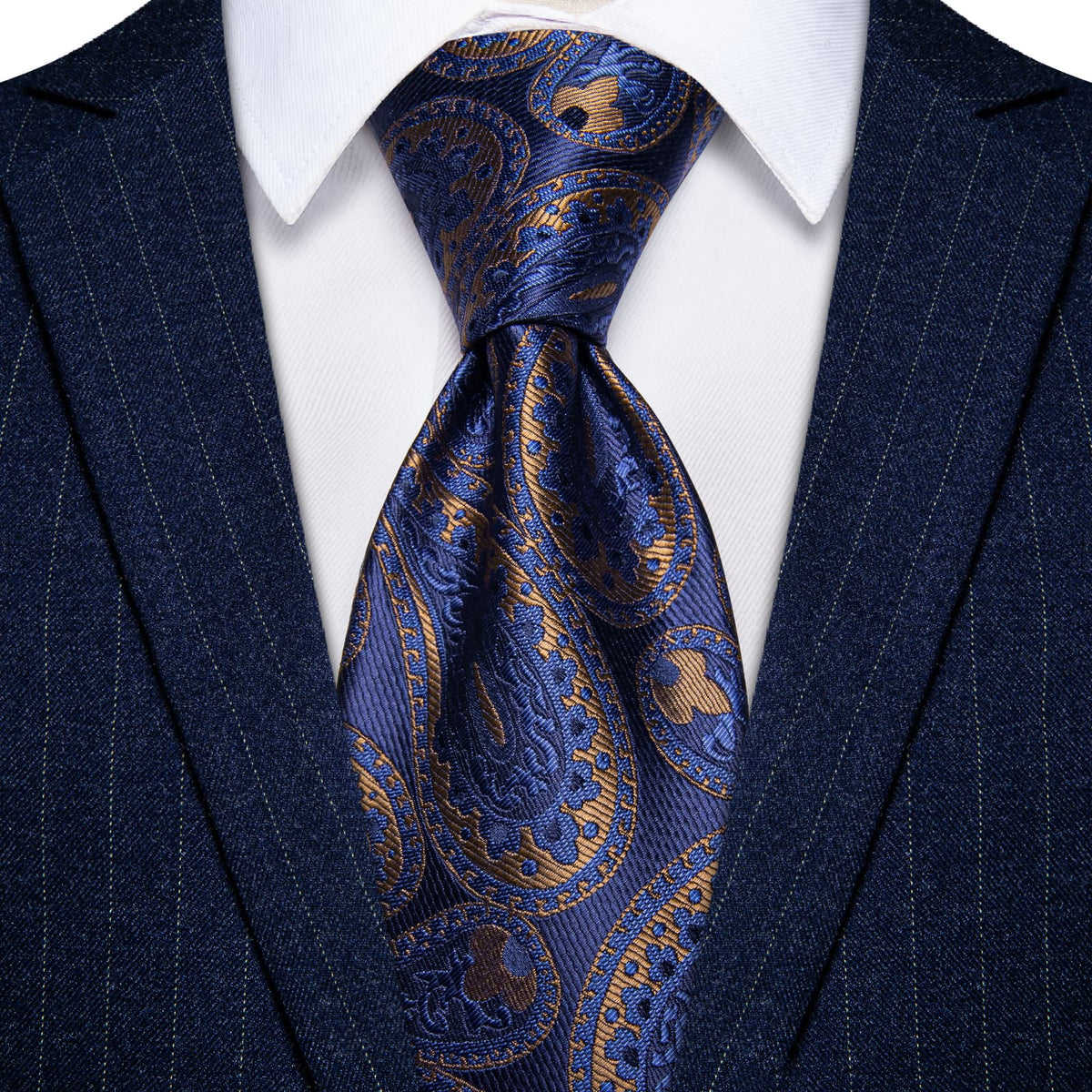 Dark Blue Tie Brown Jacquard Paisley Tie Hanky Cufflink Set