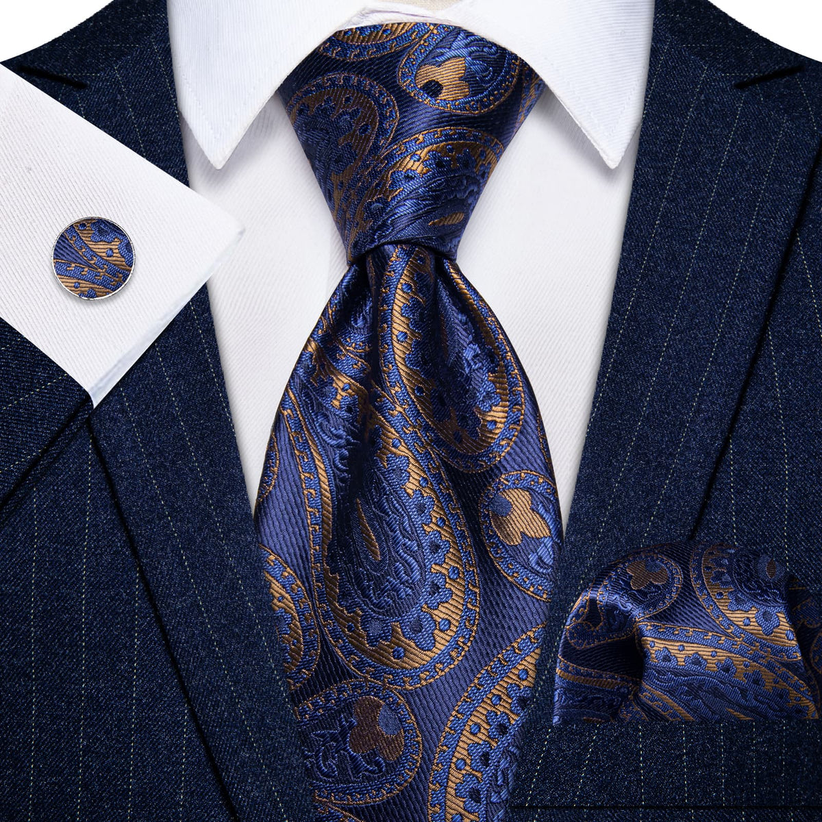 Dark Blue Tie Brown Jacquard Paisley Tie Hanky Cufflink Set