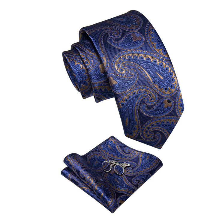 Dark Blue Tie Brown Jacquard Paisley Tie Hanky Cufflink Set