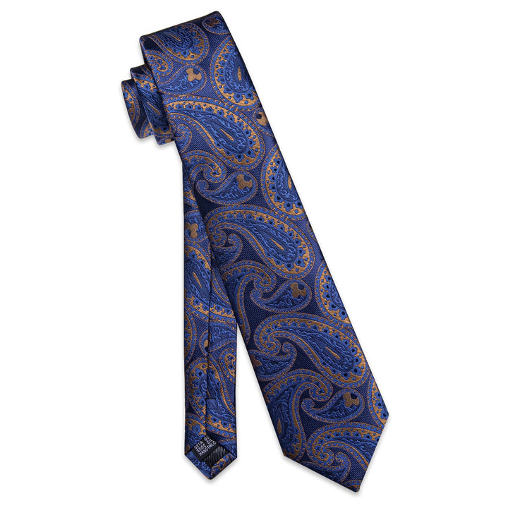 Dark Blue Tie Brown Jacquard Paisley Tie Hanky Cufflink Set